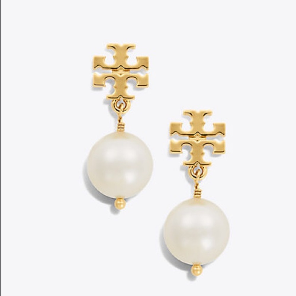 NWT Tory Burch Crystal Pearl Logo Drop Earrings